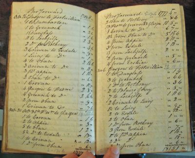 Account book
A page from Henry Bell's Account Book which covers most of 1820 from the fit out at the beginning of the season to the attempts to recover the engine from the wreck in December. The page is from October and shows the details of fares collected from passengers and where they were going to/coming from. Image courtesy Culture and Sport Glasgow (Museums).
