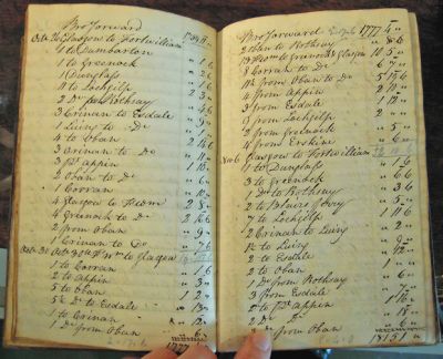 Account book
A page from Henry Bell's Account Book which covers most of 1820 from the fit out at the beginning of the season to the attempts to recover the engine from the wreck in December. The page is from October and shows the details of fares collected from passengers and where they were going to/coming from. Image courtesy Culture and Sport Glasgow (Museums).
