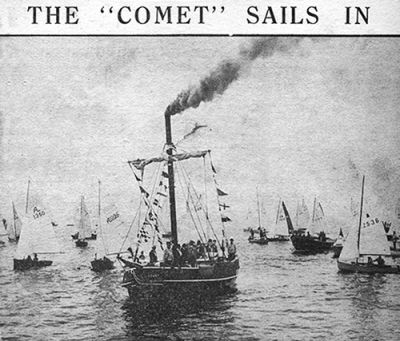 1962 celebrations
The Comet replica steams towards Helensburgh pier accompanied by a flotilla of yachts during the 150th anniversary celebrations. This cutting from the Helensburgh and Gareloch Times was supplied by Bruce Benson.
