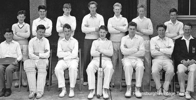 Hermitage cricket XI c.1953
Top row (from left): Willie Thornton, Gordon Fraser, John Trail, David Gall, Alistair Johnstone, Douglas McSkimming, Ian Paul; front: Jim Williamson (scorer), Jimmy MacDonald, Alan Dinwoodie, Bobby Lindsay, Neil Burgess, Dykes Carswell, coach John Blain. Image from Gordon Fraser and David Gall.
