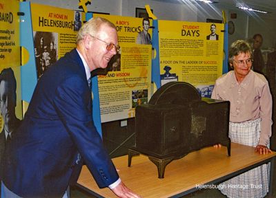 Heritage Trust chairman Stewart Noble with John Logie Baird's daughter Diana Richardson at the opening of the 'Unknown John Logie Baird Exhibition' in 2000.Photo by Kenneth Crawford.
