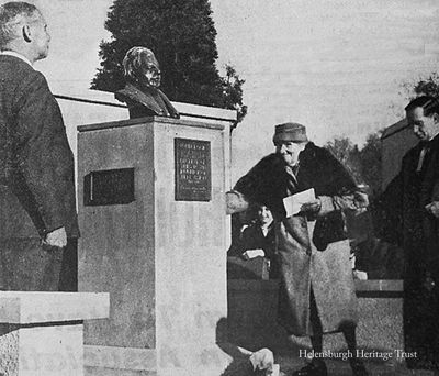 Sister unveils bust
Miss Annie Baird, sister of John Logie Baird, unveiled a bust of the TV inventor in Hermitage Park, Helensburgh, in 1960. Also in the picture are the Rev Robert Cairns, minister of St Bride's Church where Baird's father was minister. Some years later the bust was moved to a position on the seafront opposite William Street.
