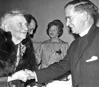 Annie Baird
Miss Annie Baird, then 83, sister of John Logie Baird and daughter of the Rev John Baird, is greeted by the Rev Robert S.Cairns who invited her to cut the cake at the St Bride's Church Centenary Supper in the Victoria Hall in 1967. In the background is Mrs Arthur Wylie, one of the organisers of the event.
