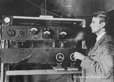 Wireless transmitter
This image from the 1926 book 'Television: Seeing by Wireless', written by Alfred Dinsdale, A.M.I.R.E., shows John Logie Baird with his wireless transmitting set at 2T.V. It had a power of 250 watts and a wave length of 200 metres. A copy of the first edition of this book fetched over Â£10,000 at a Christies auction.
