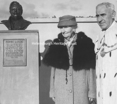 Baird bust
A bust of John Logie Baird was unveiled in Hermitage Park, Helensburgh, in 1960 by his sister Miss Annie Baird, who was introduced by Provost J.McLeod Williamson. Some years later the bust was moved to a position on the seafront opposite William Street.
