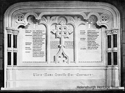 Cardross Roll of Honour
This memorial to the village fallen of World War One was unveiled by David Murray of Moorepark and dedicated by the Rev William Maxwell in the old Cardross Parish Church on September 26 1920. Some 200 young men went from the Parish to take part in the military operations, and of these 31 lost their lives.
