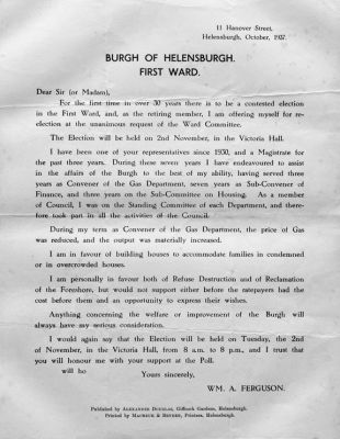 Ferguson election flyer
William A.Ferguson issued this flyer in his campaign for re-election for ward one on Helensburgh Town Council in 1937. He was successful, and went on to serve as Provost from 1944-5. Image supplied by Malcolm LeMay.
