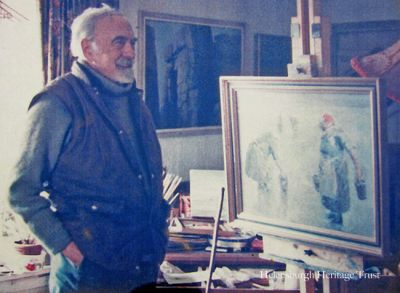 Gregor Ian Smith
Helensburgh artist Gregor Ian Smith pictured in his Glen Fruin studio during the time he was doing a series of paintings of women picking mussels. Image taken and supplied by Fiona E.Mackie. Image circa 1964.
