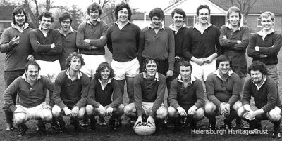 Helensburgh Captain's XV
The Helensburgh Rugby Club Captain's XV before they played a President's XV in a New Year's Day game in the mid to late 1970's. Back row: Pete Foster, Peter McIntyre, Tony Rudd, Mike McIntyre, Julian Rey, Dusty Millar, 'Giff' Bradley, Pete Ramsey, David Jones, Alistair Baird; front: Sandy Louden (captain), Alan Twigg, David Higgins, Dave Muir, 'Pussy' Pender, Gordon Johnston, Jamie Lightbody. Image supplied by David Jones.
