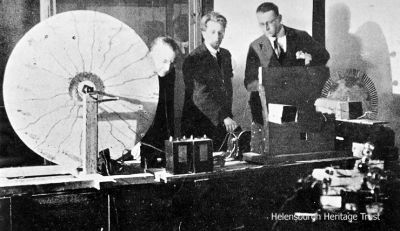 Early Apparatus
John Logie Baird shows his early television apparatus to William Le Queux (left), a novelist alive to be possibilies of radio experiment, at Hastings in 1924. Le Queux was one of only three men who showed interest in Baird's work at that time.
