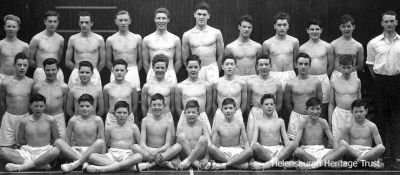 1953 Gymnasts
The Hermitage Gym Team c.1953. Back row from left: Alastair Johnstone, David Gall, Bruce Blackadder, Robbie Dewar, Dykes Carswell, Neil Burgess, Jimmy Crooks, Fraser McGruer, Gordon Fraser, Ian McLeod, Gym teacher John Blain; middle: Glen Marsland, Donald Lawrie, Brian Gibson(?), Alastair Gow, Bing Muir, Evan McGregor, Victor Petrie, Tommy McRae, Frank Cowe, Angus Trail; front: Richard West, ?, Ian Martin, Graham Smith, Willie MacPherson, Tommy Watt, Willie Thornton, Jim Caldwell, ?. Image from Gordon Fraser and David Gall.
