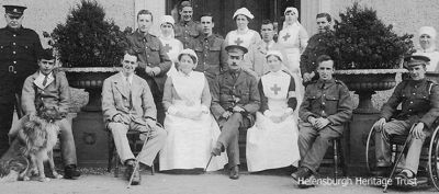 Hermitage patients
During World War One from 1914-18 the Helensburgh Town Council-owned Hermitage House in Hermitage Park became a military hospital with a capacity for 58 patients who were sent from Stobhall Hospital in Glasgow. The wounded men in their blue uniforms were a familiar sight in the town, being wheeled around the park by their nurses. A number of local ladies and girls helped out in the hospital and the local Red Cross detachment also assisted the trained nurses. Many local girls met their future husbands among the wounded â€˜tommiesâ€™, and patients were taken on outings in a horse-drawn carriage from Waldie & Co. in Sinclair Street.
