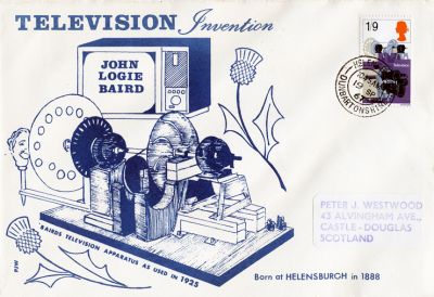 First day cover
A 1967 first day cover with a 1s 9d stamp showing John Logie Baird's television equipment, posted in Helensburgh on September 19 1967.
