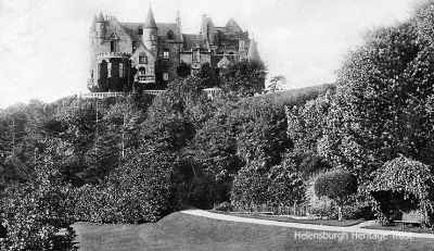 Knockderry Castle
A 1902 image of Knockderry Castle, high above the Cove shore. Built on the site of a Danish fort about 1855 to the design of the famous architect Alexander 'Greek' Thomson, the Castle became the family home of the Templeton carpet manufacturing family. In 1896-7 another famous architect, William Leiper, designed an extension and a lodge for John Templeton, and a famous guest of his at the castle was millionaire philanthropist Andrew Carnegie. For some years a hotel, it is now a private residence again.
