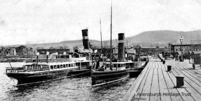 Steamers berthed
A 1905 image of the steamers S.S. Lady Clare and Red Gauntlet moored alonside Craigendoran Pier.
