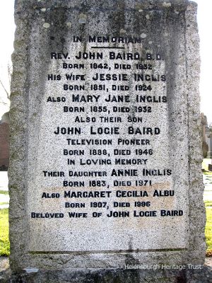 Family grave
The Baird family grave in Helensburgh Cemetery. Among those buried there are the Rev John Baird, his son TV inventor John Logie Baird, and JLB's wife Margaret. Photo by Stewart Noble.
