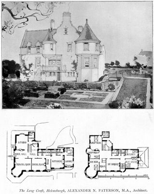 Long Croft
A 1903 image of a drawing of and plans for Long Croft, West Rossdhu Drive, Helensburgh, designed and built by noted burgh architect and artist Alexander Nisbet Paterson. He lived there with his artist wife Maggie, nee Whitelaw Hamilton, and family for many years.
