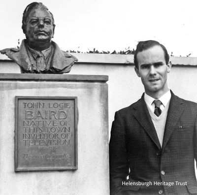 Malcolm Baird at bust unveiling
Malcolm Baird, the inventor's son and now a retired professor and president of Helensburgh Heritage Trust, is pictured at the unveiling of a bust of John Logie Baird in Hermitage Park, Helensburgh, in 1960. Some years later the bust was moved to a position on the seafront opposite William Street.
