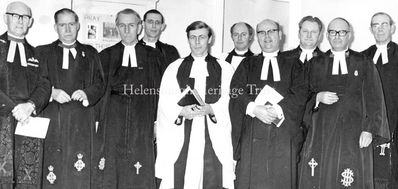 Ministers Fraternal
Members of Helensburgh and District Ministers Fraternal pictured at a Christian Unity evening service in St Columba Church, Helensburgh, in January 1972. The morning service that day had been a rededication of the church, back in use after being closed for six months for dry rot repairs. From left: the Rev Dr T.Crowther Gordon, the Rev Robert Cairns, the Rev Merricks Arnott, the Rev A.Douglas Stirling, the Rev Alan Johnston, the Rev Lindsay Parkinson, the Rev Tom Gordon, St Columba minister the Rev Andrew Mitchell, the Rev Dr George R.Logan, unknown.
