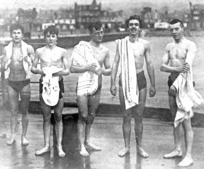 1914 New Year Swim
Five swimmers dry off on the pier after the Helensburgh New Year Swim. Image supplied by Iain McCulloch.
