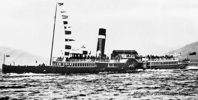 PS Talisman
The North British steamer Talisman, built in 1896 by A. & J.Inglis at Pointhouse, Glasgow, for the Craigendoran to Rothesay route. Undertook World War One service as HMS Talla sweeping mines at Troon and Portsmouth. On refit after the war, the deck saloon was extended the full width of the hull and the bridge was moved forward of the funnel. She was on the Rothesay and Kyles of Bute service until the end of the 1934 season, and then was scrapped at Barrow. Image circa 1920.
