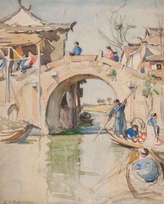 A Bridge in Soochow
This painting is by 'Glasgow Girl' Eleanor Allen Robertson, nee Moore, mother of Helensburgh artist and art historian Ailsa Tanner, nee Robertson. The painting was done when Dr Cecil Robertson accepted a post in public health with the Shanghai Municipal Council, and his wife and daughter went with him. Image kindly supplied by the owner of the painting, art collector Jim Smith from Blantyre.
