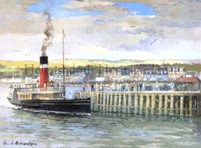 Waverley at Helensburgh
A print of a painting by Ian Orchardson, who lived in Saltcoats where he taught as an art teacher and died in 1997. He left teaching to concentrate full time on his interest of painting Clyde shipping, including steamers and clippers, as well as the series of six famous 'Doon the Water' stops of Helensburgh Pier, Dunoon Pier, Gourock Pier, Greenock Pier, Rothesay Pier and Wemyss Bay. His paintings give an authentic feel of shipping on the Clyde in times past, and examples of his work are highly sought after.
