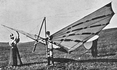 Percy Pilcher with the Bat
Percy Pilcher and his sister Ella with the Bat glider at Cardross in 1895.
