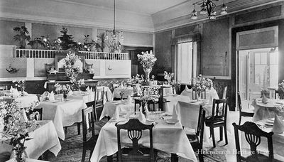 Queen's Hotel dining room
The Queen's Hotel was originally Baths House, built by Henry Bell, who built Europe's first commercial steamship the Comet in 1812. It was always a very popular hotel, and the building has had many alterations but still stands on East Clyde Street, having been converted into flats. This image is of the dining room, date unknown.
