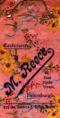 Sweetie bag
This is the colourful sweetie bag used by Margaret Reece  at her sweetie shop, which was at the corner of Clyde Street and Maitland Street, Helensburgh, circa 1910. The sweets were made at the rear of the shop. Image supplied by her great grand-daughter Sue Taylor.
