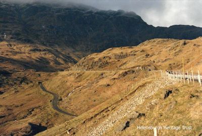 Rest and be Thankful
The north end of the Rest and be Thankful road, with the old military road below. Image, circa 2010, supplied by Gordon Fraser.
