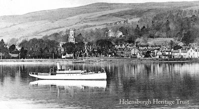 Rhu Bay
A motor yacht moored in Rhu Bay with the village beyond, circa 1909.
