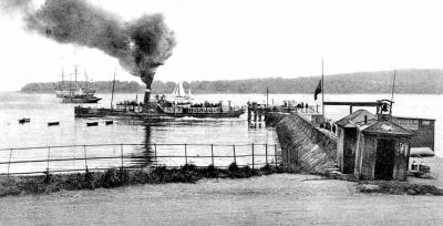 Steamer at Rhu
A steamer, probably the 271-ton Lucy Ashton which was used on the Craigendoran-Gareloch run, leaves Rhu (then Row) Pier, with the training ship Empress beyond. Circa 1905.
