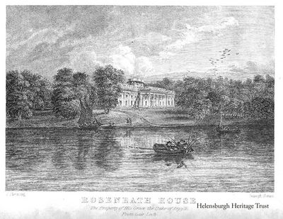 Rosneath House
A print of Rosneath Castle probably from a book written by John M.Leighton around 1840, entitled "Strath Clutha or Beauties of the Clyde". The name J.Fleming is in the bottom left corner and the name Joseph Swan in the bottom right corner. John Fleming was a Greenock artist who lived from 1792-1845. Joseph Swan was a Glasgow engraver and, it would appear, something of an entrepreneur. Image supplied by Stewart Noble.

