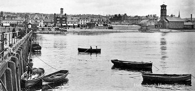 Town centre from the pier
This image shows the town centre from the pier, with the outdoor swimming pool, bandstand, Granary, and the Old Parish Church. Image date unknown.
