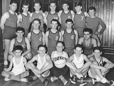 Burgh Basketball
Helensburgh Basketball Club's 1960-61 seniors and juniors. Back row (from left): ?, Robert Galbraith, Willie McSporran, George Forsyth, Sandy Clow, Ian Martin, Alistair Martin; middle: Gordon Fraser, ?, Jim McNeill, Richard West, Norbert Spath; front (juniors): Graham McKenzie, Hector McClelland, Kenny Wilson, ?, Derek West. Image kindly supplied by Gordon Fraser, who now lives in Sweden.
