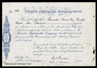 Hydro share
An 1894 share certificate for the Shandon Hydropathic Company. Image kindly supplied by courtesy of https://www.scripoworld.com/
