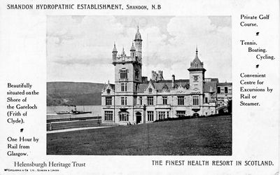 Shandon Hydro
A card advertising the delights of Shandon Hydropathic Hotel, noted as being in North Britain, pictured as a steamer goes past in the Gareloch. Originally West Shandon, this magnificent building was the home of Robert Napier, the greatest figure in Clyde shipbuilding and marine engineering in the mid-19th century. During World War One the Hydro became a hospital, and in World War Two it was used by the army. In 1951 it became a hotel again, but in 1957 it was closed and demolished.
