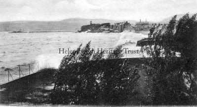 Stormy seafront
A pre-1945 view from a balcony at the former Queen's Hotel, looking west towards Helensburgh pier on a very stormy day.
