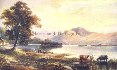 Ben Lomond from Tarbet
A view of Ben Lomond from across Loch Lomond at Tarbet, with cattle in the foreground and a steamer in the distance, circa 1907. The artist's name appears to be P.Wansey, but the signature is hard to make out.
