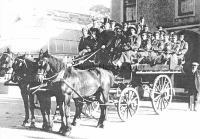 Waldie's Hospital Outing
Servicemen patients are pictured outside the World War One Hermitage House Auxiliary Military Hospital, leaving for an outing in 1917 in a carriage from Waldie & Co. The driver is Mr Reynolds, who was also the firm's undertaker. Originally the home of the Cramb family, who sold what was then called Cramb Park to the Town Council in 1911 for Â£3,750, the mansion became an annexe to Hermitage School after the war. After 1926 it became a council workshop and store, and it was eventually demolished in 1963.
