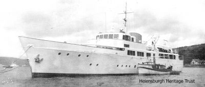 Zimba
The motor yacht Zimba, built by James A.Silver Ltd. of Rosneath, pictured off Gully Bridge Pier in June 1960 by Stewart Noble on board Tommy Wright's Gareloch yacht Catriona.
