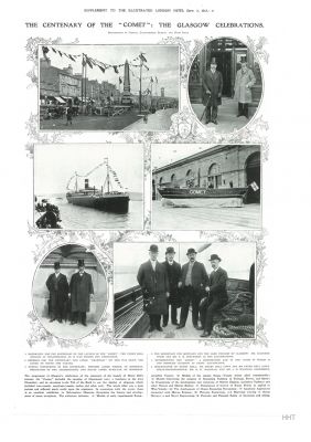 Comet Centenary
The first page of a supplement to the Illustrated London News of September 7 1912 recording the centenary of the launch of Henry Bell's Comet. This page shows images of from the celebrations in Helensburgh and Glasgow.
