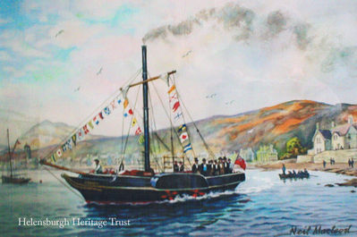Henry Bell's Comet
A painting by well-known Helensburgh artist Neil Macleod of Henry Bell's Comet, Europe's first commercial steamship, which had its bicentenary in 2012. Image by courtesy of the owner, David McGowan. Both also permitted Helensburgh Heritage Trust to prepare a limited A3 print of the painting as part of the bicentenary celebrations.

