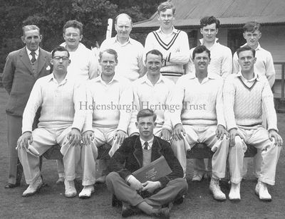 Helensburgh 1st XI
The Helensburgh Cricket Club 1st XI pictured by well known burgh photographer Bill Benzie beside the old pavilion at Ardencaple, which was later burnt down. Two stalwarts of the team for many years are in the front row, Willie Gilchrist (left) and his brother Ian (second from right). Back second from left is Harry Simpson. Image date unknown.
