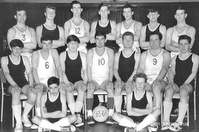 Burgh Basketball
Helensburgh Basketball Club's 1963-64 senior and juniors. Seniors in white, juniors in black; back row (from left), Jim McNeill, Gordon Hamil, Jim Caldwell, Gordon Stewart, Sandy Clow, Hector McClelland, Jim McPherson; middle row, Derek West, Richard West, Kenny Wilson, Gordon Fraser, James Galbraith, Andy Gillespie, ?; front, Graham McKenzie, Terence Neil. Image kindly supplied by Gordon Fraser, who now lives in Sweden.
