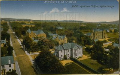 Helensburgh Public Hall and School 1903
A photograph from the top of the St Columba Church tower, looking up Sinclair Street, published as a postcard by J.Valentine & Co. of Dundee. It shows the chimney of the Malig (or Millig) Mill.
This postcard is part of, and is reproduced by kind permission of, the University of St Andrews Library Special Collection.
