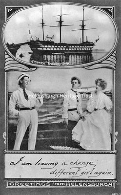 Novelty postcard
A 1911 novelty postcard bearing Greetings from Helensburgh, which shows the Training Ship Empress moored in the Gareloch at Rhu, and below it a scene in which the young man on the left is saying "I am having a change, different girl again".
