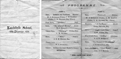 Jack Buchanan on violin
The programme for a Larchfield School concert on December 17 1901, showing entertainer Jack Buchanan, then an 11 year-old Larchfield pupil, playing three violin pieces. Programme donated to Helensburgh Heritage Trust by Andrew Widdowson, whose late father John was headmaster in the early 1970s.
